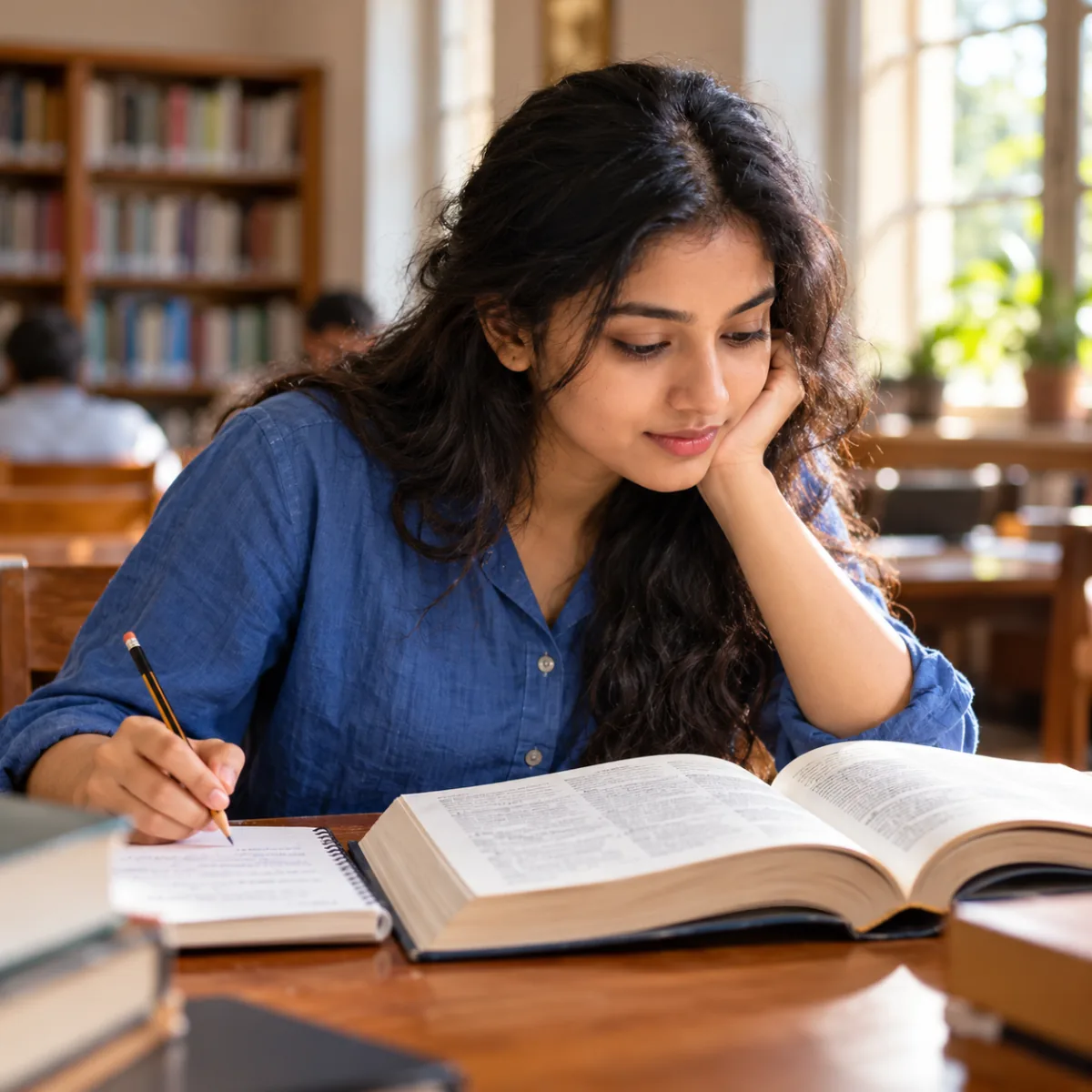 A curious learner exploring an English book and taking notes in a sunlit library